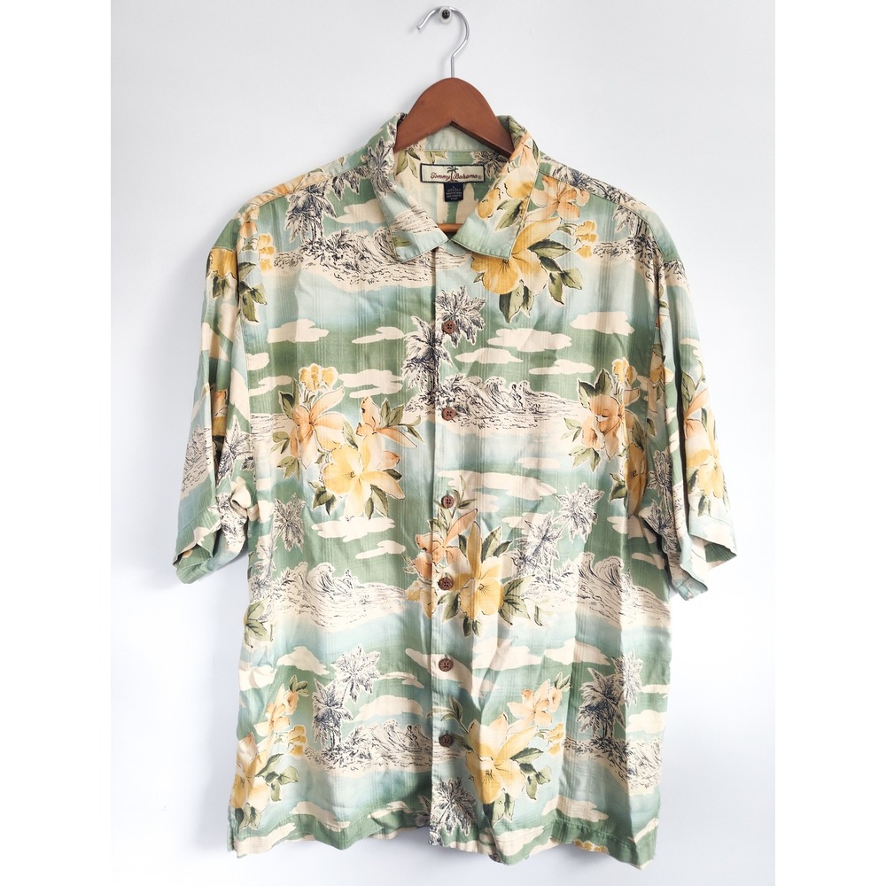 Tommy Bahama Button Front Shirt Large Camp Green Blue Floral Silk Tropical Aloha